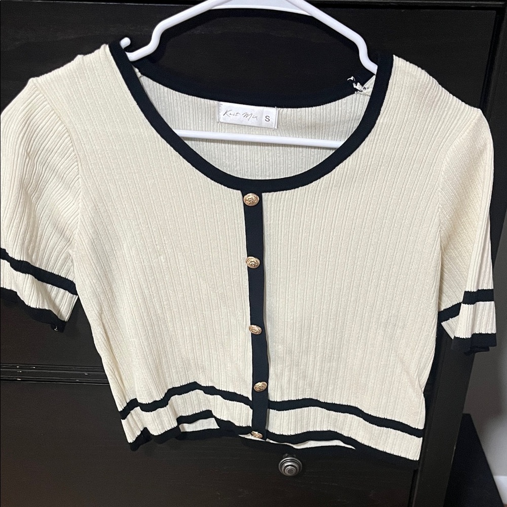 SHEIN Cream and Black Button Down Top